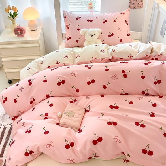 JOLUSERE 3-Piece Red Cherries with Pink Bows Comforter Queen Set,Soft Aesthetic Cherry Pattern Bedding Set for Kids Adults