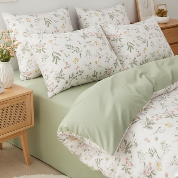JOLUSERE 3-Piece White Green Leaves Flowers Comforter Queen Set, Soft Pink Yellow Floral Pattern Bedding Set for Adults