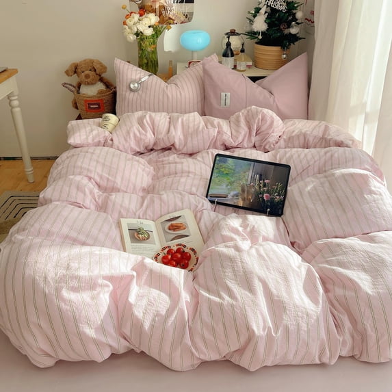 JOLUSERE 3 Pieces Striped Single Comforter Queen Set, Soft Pink and Green Stripe Geometric Modern Bedding Set for Teen Girls