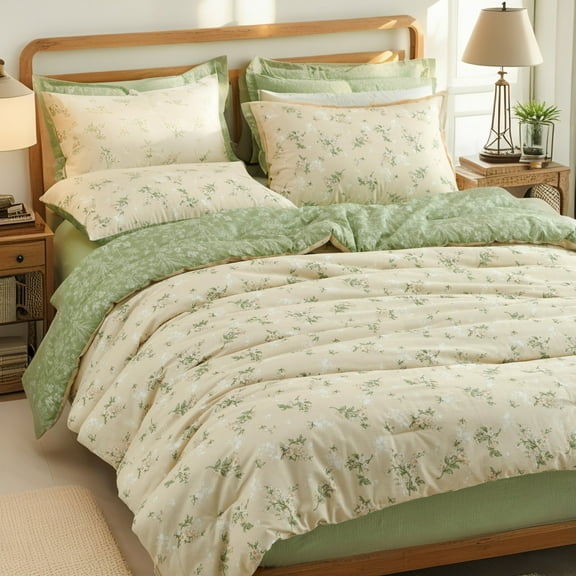 JOLUSERE Beige Green Floral Queen Cotton Comforter Set, 3-Piece Farmhouse Chic Style Reversible Soft Bedding Set for Adults All Season