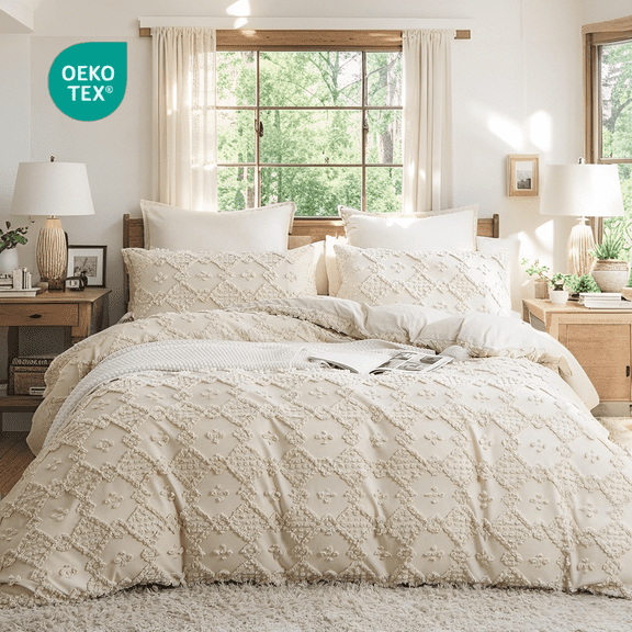 JOLUSERE Beige Tufted Duvet Cover Queen Set, 3 Pieces Boho Ultra Soft Particles Embroidery Bedding Set for All Season