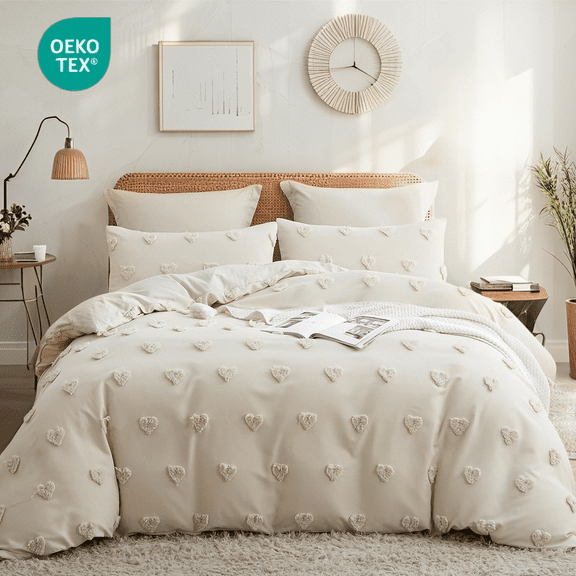 JOLUSERE Beige Tufted Heart Dot Duvet Cover King Set, 3 Pieces Ultra Soft Jacquard Embroidery Shabby Chic Bedding Set for All Season