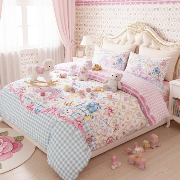 JOLUSERE Cartoon Pink Beige Comforter Twin Set,2-Pieces Bunny Kitten Pattern Bedding Set for Kids