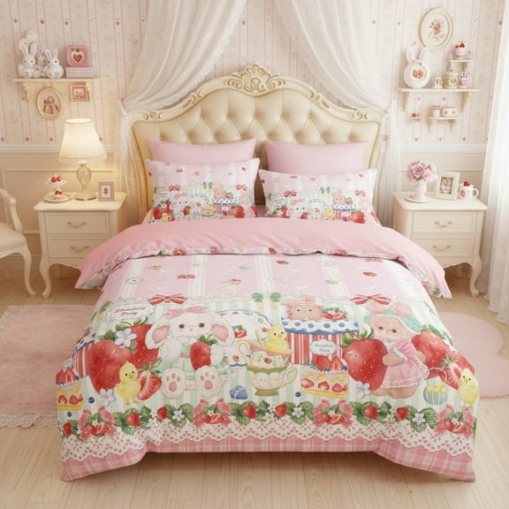 JOLUSERE Cartoon Pink Comforter Full Set,3-Pieces Bunny Strawberry Pattern Bedding Set for Kids