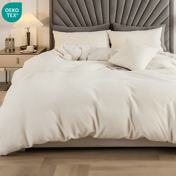 JOLUSERE Cream White Velvet Duvet Cover King Set, 3-Piece Ultra Soft Fluffy Flannel Winter Bedding Cover