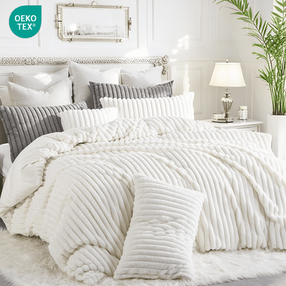 JOLUSERE Creamy White Fluffy Striped Duvet Cover Queen Set, 3-Piece Super Soft Faux Rabbit Fur Winter Warm Fuzzy Comforter Cover