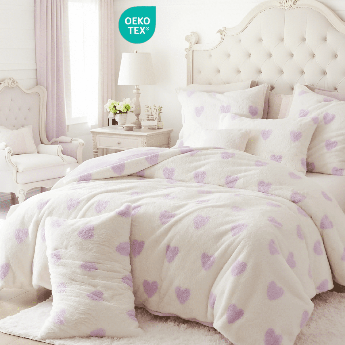 JOLUSERE Fluffy Flannel Duvet Cover Queen Set, 3-Piece Faux Rabbit Fur Luxury Cozy Warm Winter Bedding Set,Purple Heart White