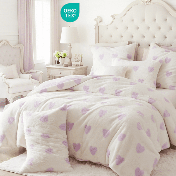 JOLUSERE Fluffy Flannel Duvet Cover Queen Set, 3-Piece Faux Rabbit Fur Luxury Cozy Warm Winter Bedding Set,Purple Heart White