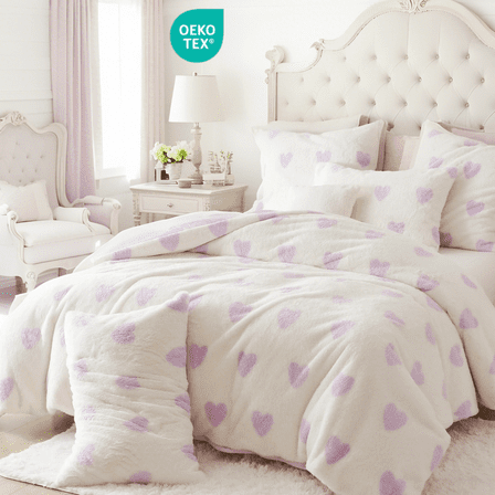 JOLUSERE Fluffy Flannel Duvet Cover Twin Set, 2-Piece Faux Rabbit Fur Luxury Cozy Warm Winter Bedding Set,Purple Heart White