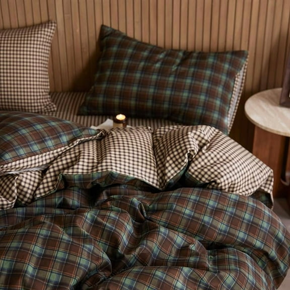 JOLUSERE Green Brown Plaid Duvet Cover Twin Set, 2-Piece Vintage Beige Brown Grid Checkered Pattern Soft Comforter Cover