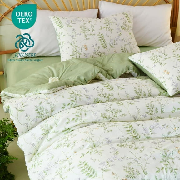 JOLUSERE Green Floral White Comforter King Sets, 3 Pieces Chic Garden Style Botanical Purple Floral Reversible Comforter for All Season