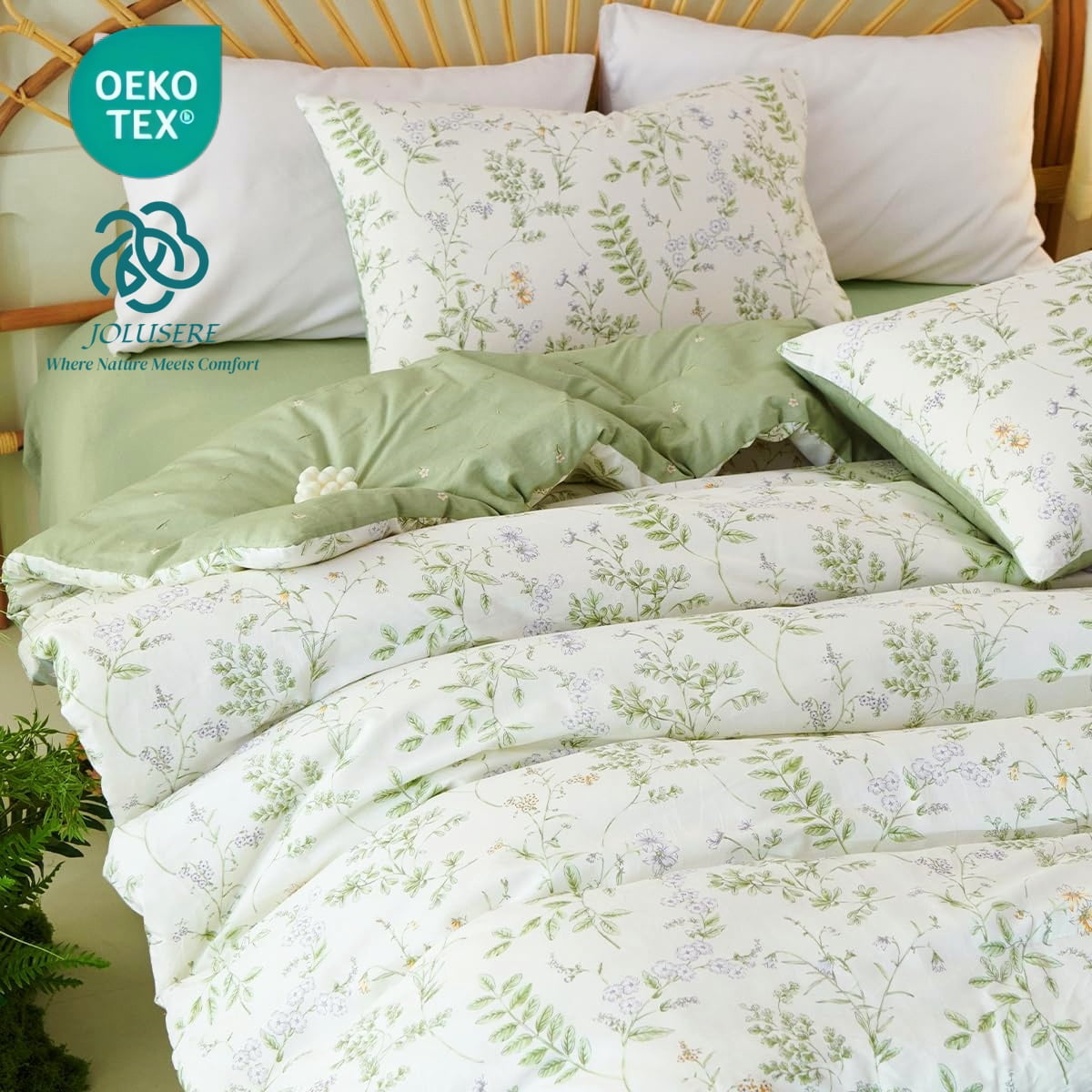 JOLUSERE Green Floral White Comforter Twin Sets, 2 Pieces Chic Garden Style Botanical Purple Floral Reversible Comforter for All Season