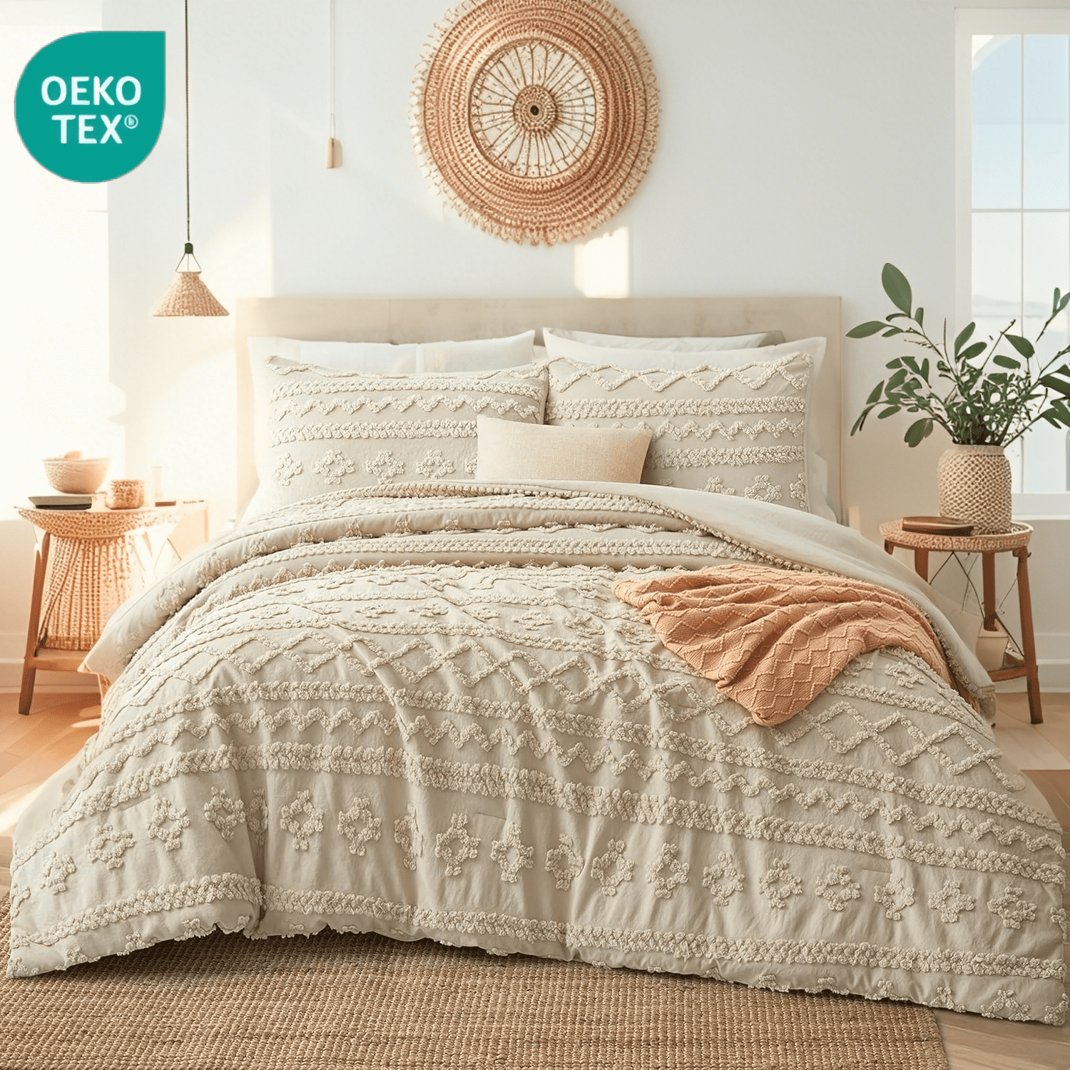 JOLUSERE Jacquard Sandflow Pattern Tufted Duvet Cover King Set, 3 Pieces Boho Ultra Soft Embroidery Bedding Set, Beige