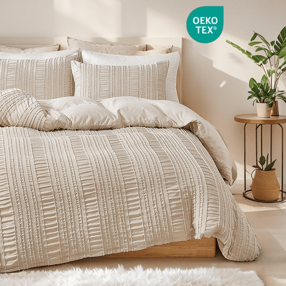 JOLUSERE Khaki Duvet Cover Queen Sets, 3 Pieces Soft Breathable Striped Textured Comforter Cover Set