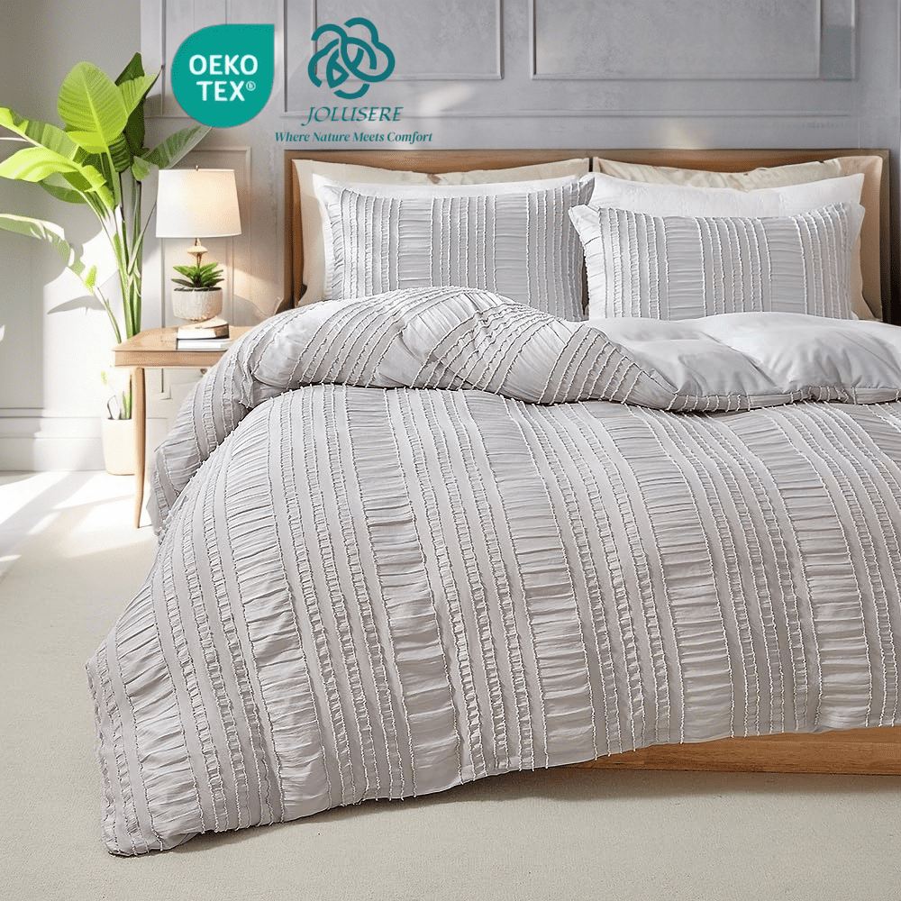 JOLUSERE Light Gray Duvet Cover Queen Sets, 3 Pieces Soft Breathable Striped Textured Comforter Cover Set