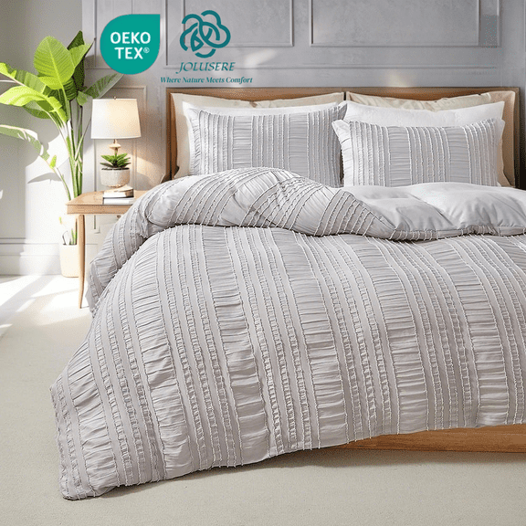 JOLUSERE Light Gray Duvet Cover Queen Sets, 3 Pieces Soft Breathable Striped Textured Comforter Cover Set