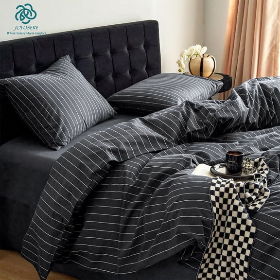 JOLUSERE Navy Blue White Striped Duvet Cover Queen Set,3-Piece Stripes Pattern Breathable Comforter Cover