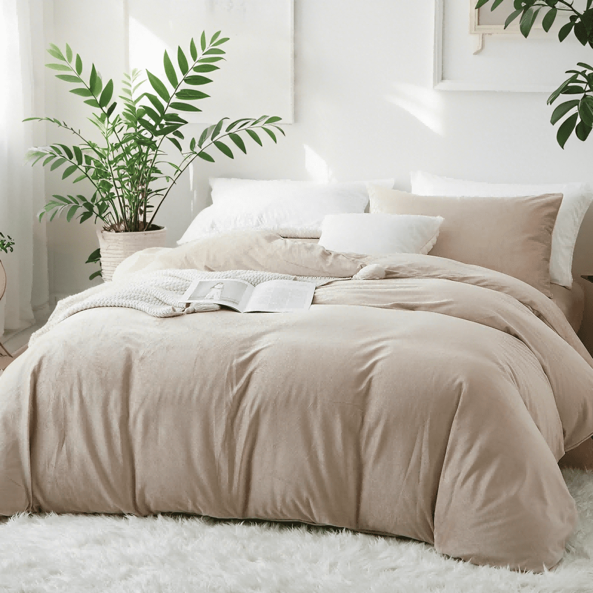 JOLUSERE Oatmeal Beige Velvet Duvet Cover Queen Set, 3-Piece Ultra Soft Fluffy Flannel Winter Bedding Cover