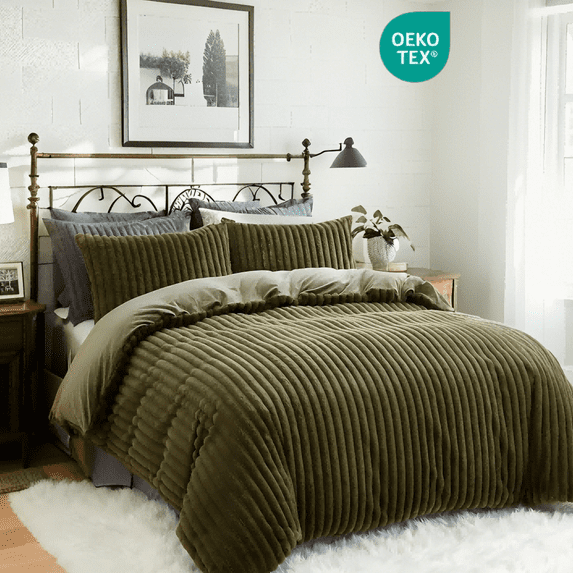 JOLUSERE Olive Green Fluffy Striped Duvet Cover King Set, 3-Piece Super Soft Faux Rabbit Fur Winter Warm Fuzzy Comforter Cover