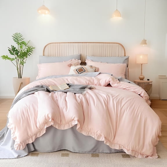 JOLUSERE Pink Ruffled Comforter Set Queen 3PCS Vintage Shabby Chic Bedding Soft Comforter Set All Season