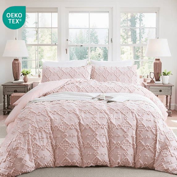 JOLUSERE Pink Tufted Duvet Cover Queen Set, 3 Pieces Boho Ultra Soft Particles Embroidery Bedding Set for All Season