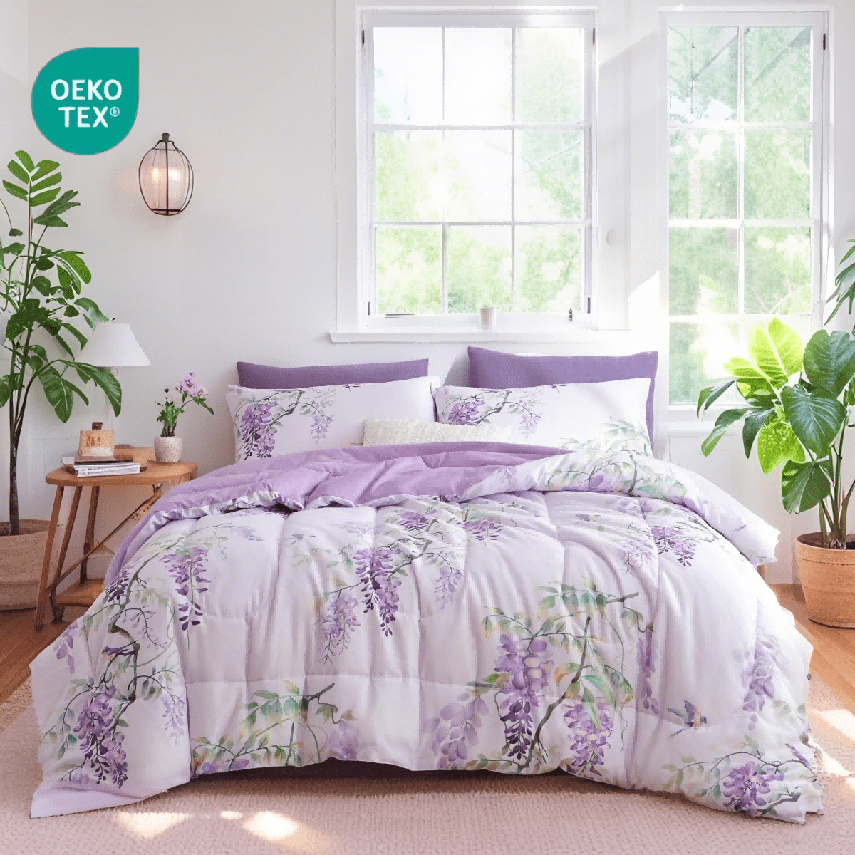 JOLUSERE Romantic Wisteria Comforter King Sets, 3 Pieces Chic Botanical Purple Floral Reversible Comforter for All Season