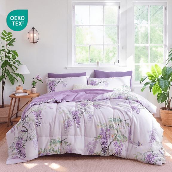 JOLUSERE Romantic Wisteria Comforter King Sets, 3 Pieces Chic Botanical Purple Floral Reversible Comforter for All Season