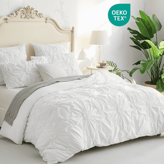 JOLUSERE Rustic French Style White Duvet Cover Sets Queen Size, Textured Flower Pinch Pleated Solid Luxury Bedding Sets