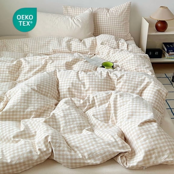 JOLUSERE Soft Beige White Plaid Comforter Full Sets, 3 Pieces Breathable Plaid Buffalo Checkered Comforter for All Season