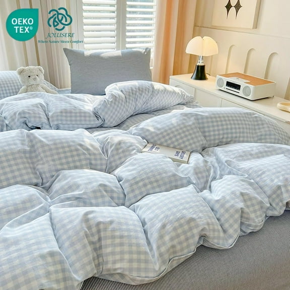 JOLUSERE Soft Blue White Plaid Comforter Queen Sets, 3 Pieces Breathable Plaid Buffalo Checkered Reversible Comforter for All Season