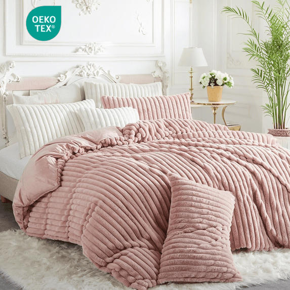 JOLUSERE Soft Pink Fluffy Striped Duvet Cover King Set, 3-Piece Super Soft Faux Rabbit Fur Winter Warm Fuzzy Comforter Cover