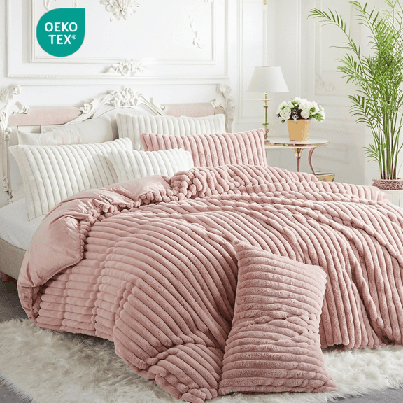 JOLUSERE Soft Pink Fluffy Striped Duvet Cover Queen Set, 3-Piece Super Soft Faux Rabbit Fur Winter Warm Fuzzy Comforter Cover