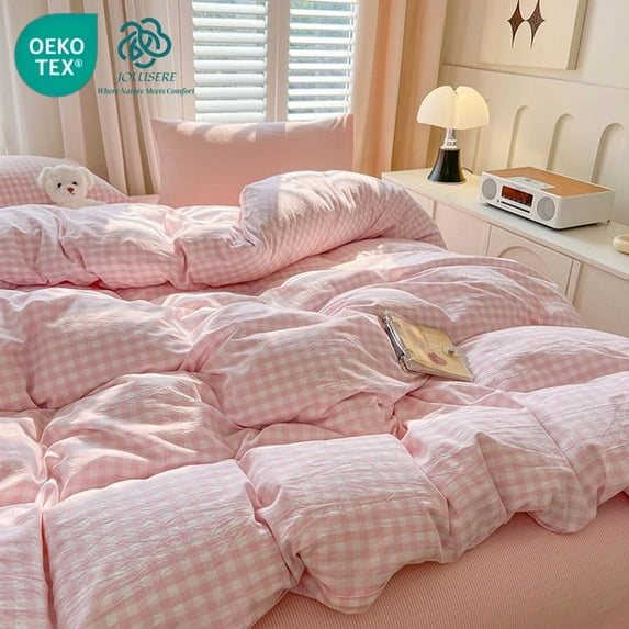 JOLUSERE Soft Pink White Plaid Comforter Twin Sets, 2 Pieces Breathable Plaid Buffalo Checkered Comforter for All Season