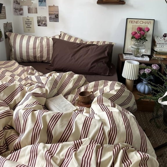 JOLUSERE Striped Duvet Cover Queen Set, 3-Piece Reddish-Brown Stripes Comforter Cover Retro Vertical Ticking Stripes Pattern Soft Bedding Set
