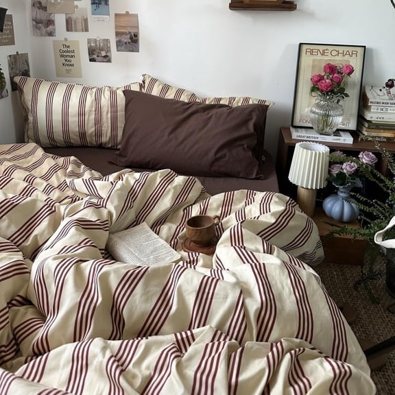 JOLUSERE Striped Duvet Cover Twin Set, 2-Piece Reddish-Brown Stripes Comforter Cover Retro Vertical Ticking Stripes Pattern Soft Bedding Set