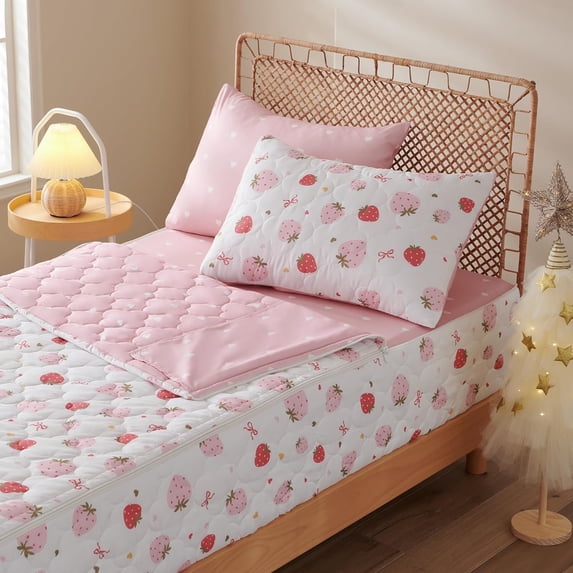 JOLUSERE Zipper Kids Comforter Set,3-Piece Twin Pink Strawberry Sweet Printed Zip Up Comforter Kid Bedding Set,All in one Zipper Bedding(Pink White,Twin)