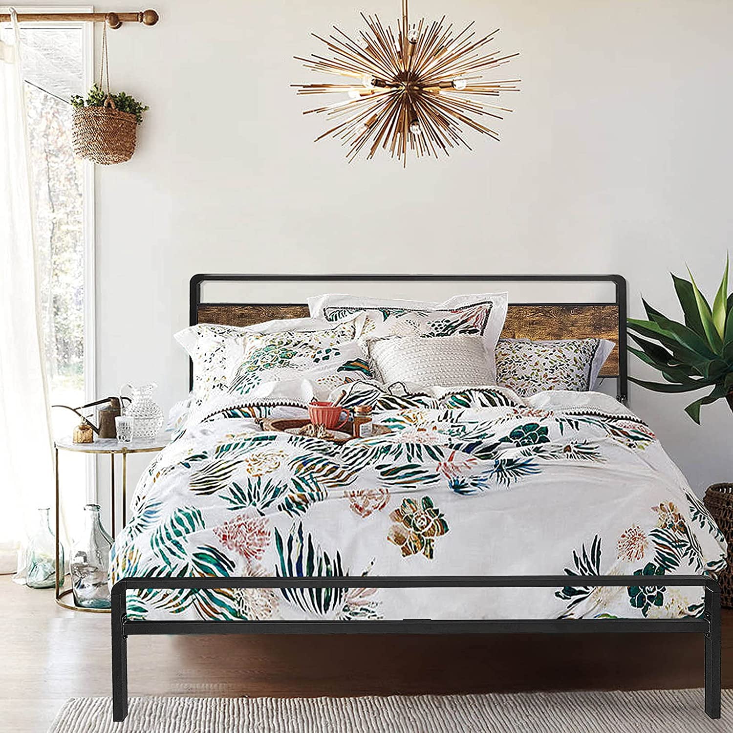JOM California King Bed Frames with Headboard and Storage No Box Spring Needed MetalWood