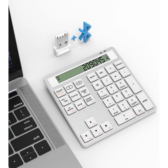 JOMAA 2 in 1 Keypad Calculator, Mini Numeric Keyboard, USB Reciever + Bluetooth Wireless Connection, Quiet Click for Office, AA*2pcs Powered(Not included!)