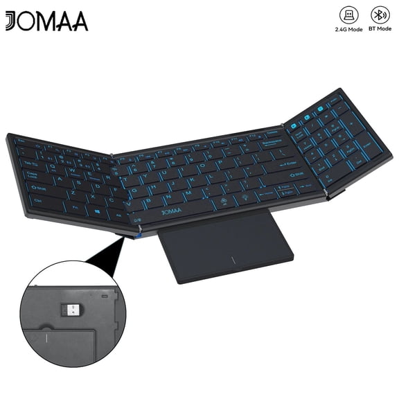 JOMAA 2.4G & Bluetooth Rechargeable Folding Keyboard with Builtin Touchpad & Numpad, RGB Backlit, 3Device Switching Portable for Travel, Compatible with iOS Android Windows Mac OS