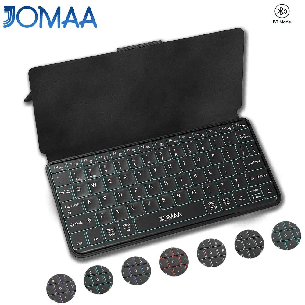 JOMAA Backlit Dual Bluetooth Keyboard Recahrgeable Mini Wireless Keyboard with Any-Angle Kickstand & Leather Cover for Android, Windows and iOS