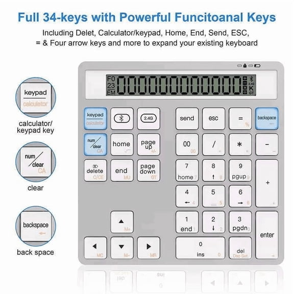 JOMAA Bluetooth +2.4G Wireless Numeric Keyboard with Display Calculator Wireless Number Keypad Financial Accounting Numpad Data Entry