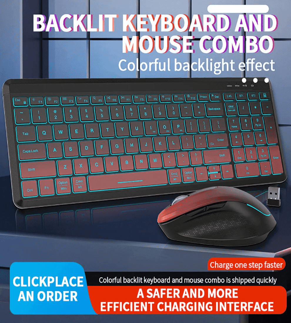JOMAA RGB Backlit Bluetooth Keyboard and Mouse Combo Rechargeable 2.4G ...