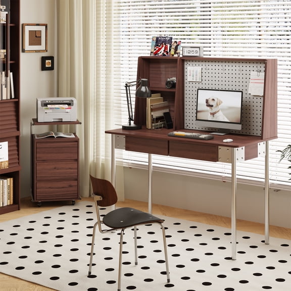 JOMEED 47 Inch Writing Desk with DIY Pegboard, Computer Desk with 2 Drawers, Walnut Home Office Desk with Hutch, Metal Legs