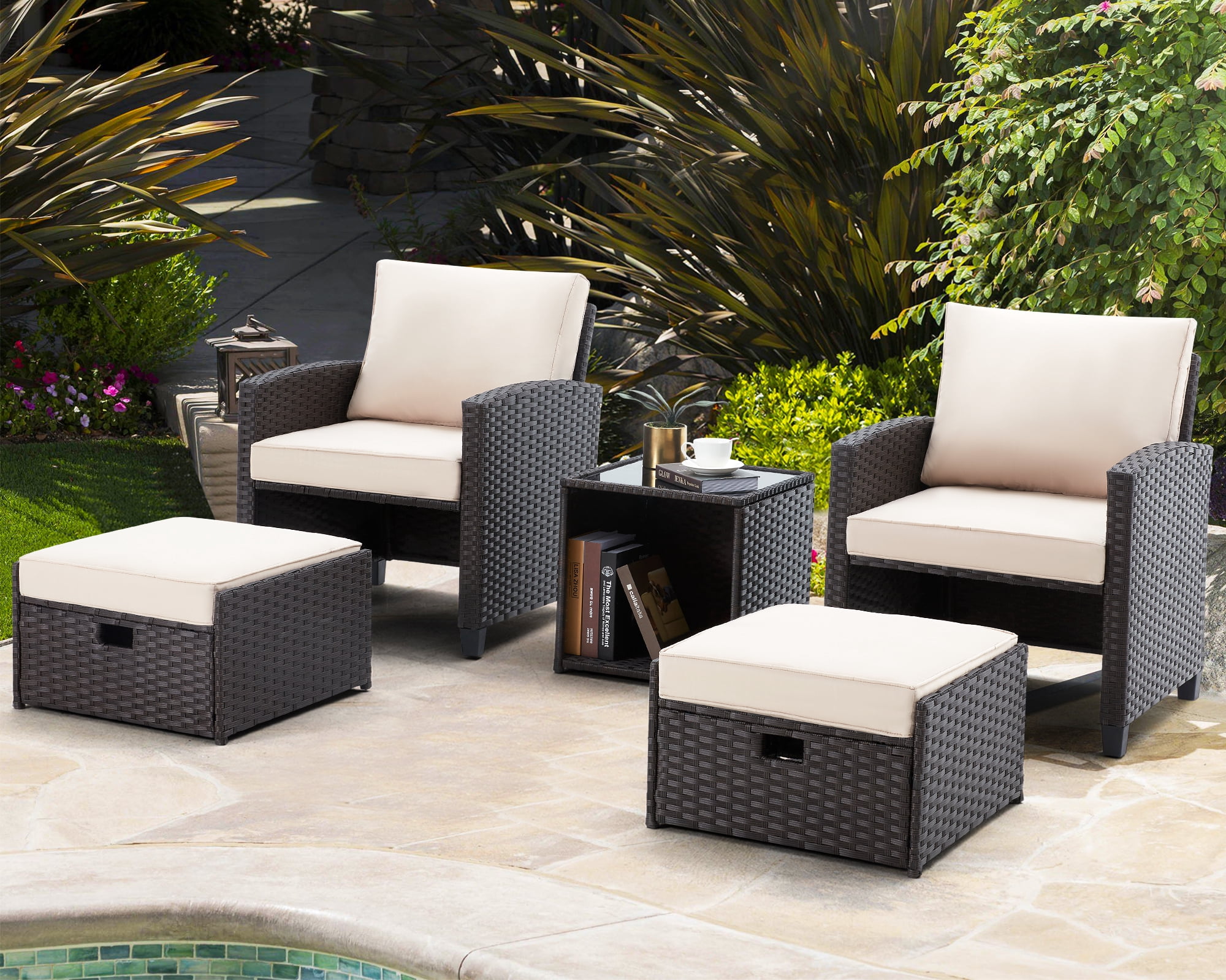 JOMEED 5-Piece Patio Set: Wicker Rattan Outdoor Chairs, Ottomans, Table ...