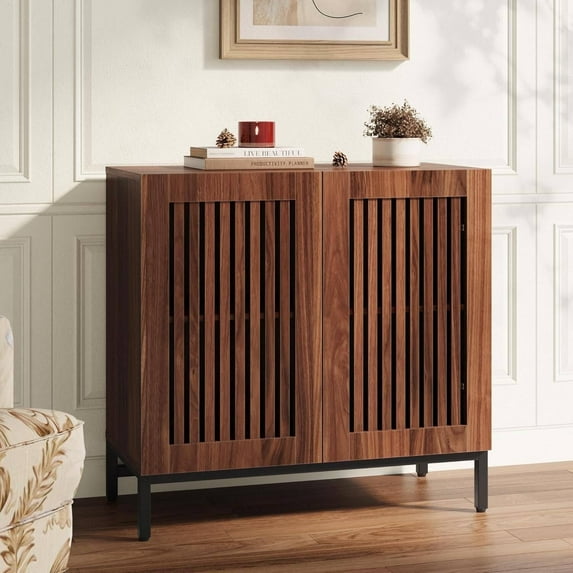 JOMEED Buffet Sideboard Cabinet with Louvered Doors & Adjustable Shelf, Wood Storage Cabinet for Kitchen, Dining Room, Living Room, Entryway Walnut