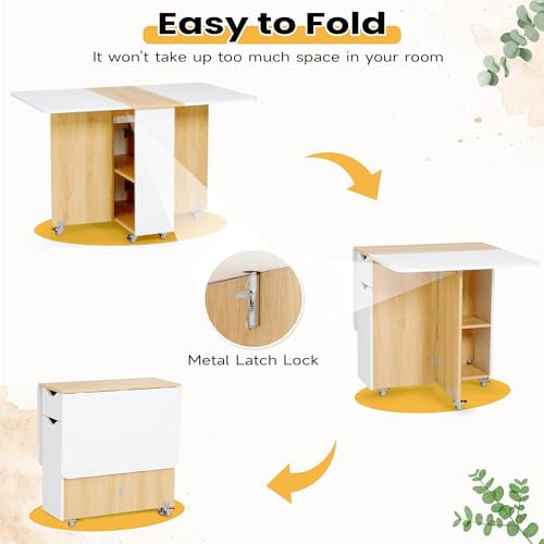 JOMEED Folding Dining Table with 6 Lockable Wheels, Draw and Shelves, Drop Leaf Tables for Small Spaces, Multipurpose Space Saving Expandable Dining Table for Kitchen, Living Room