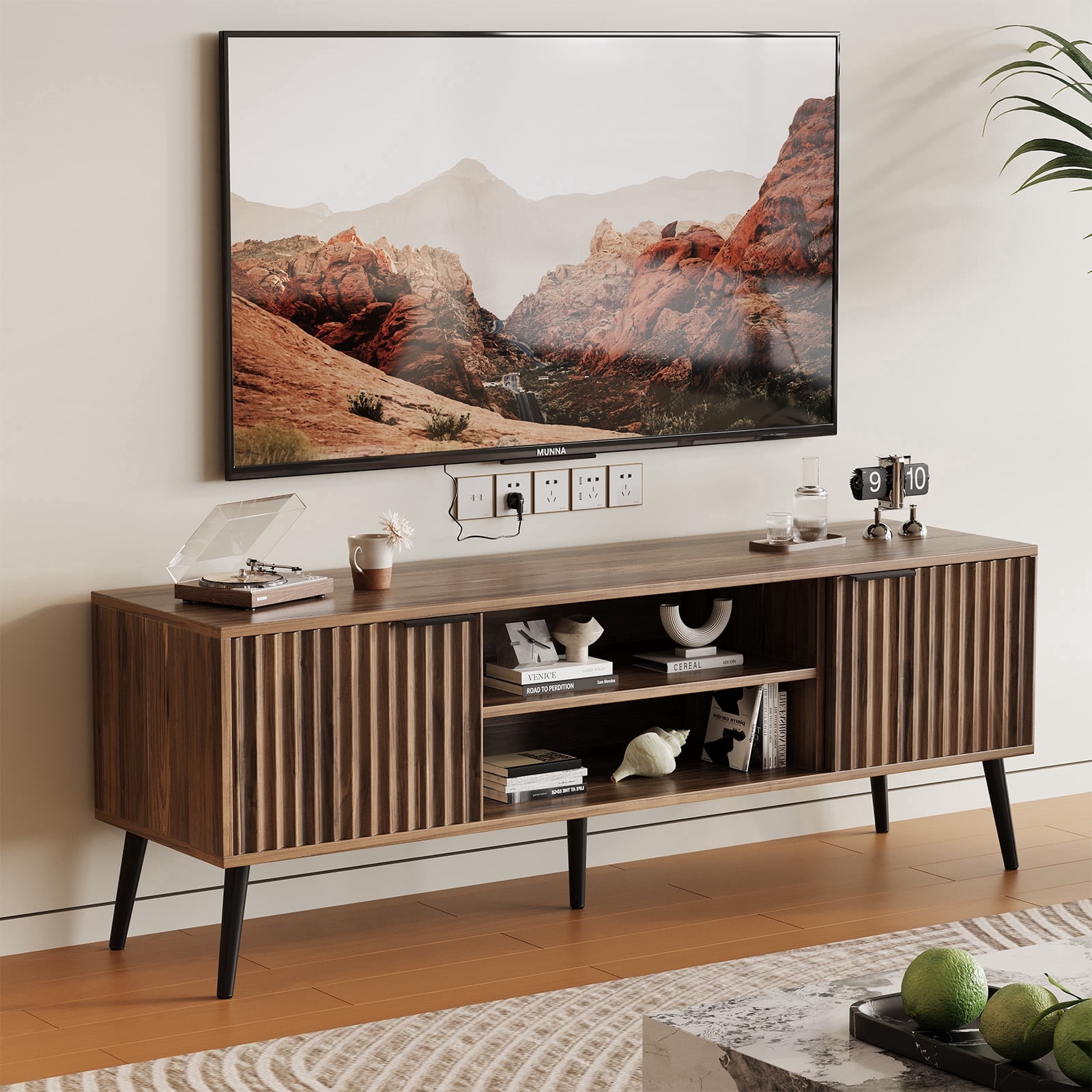 JOMEED Mid Century Modern TV Stand, Wood Wave-Panel TV Cabinet with Storage & Cable Holes, 59 Inch Entertainment Center for 32-60 Inch TVs,Brown