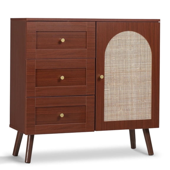 JOMEED Rattan Small Storage Cabinet with 3 Drawers and Door, Accent Sideboard Buffet Cabinet with Adjustable Shelf for Living Room, Entryway and Hallway