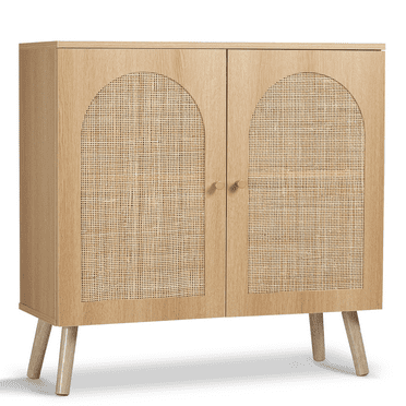 JOMEED Sideboard Buffet Storage Cabinet with 2 Natural Rattan Decor Doors, Accent Small Cabinet with Solid Wood Feet and Adjustable Shelf for Living Room, Entryway and Hallway