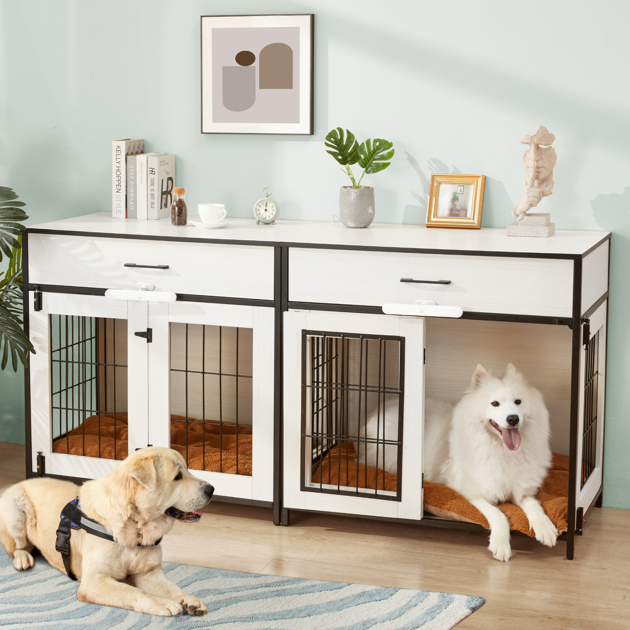 JOMEED XXL Dog Crate Furniture, Wooden Indoor Dog Kennel with Cushion
